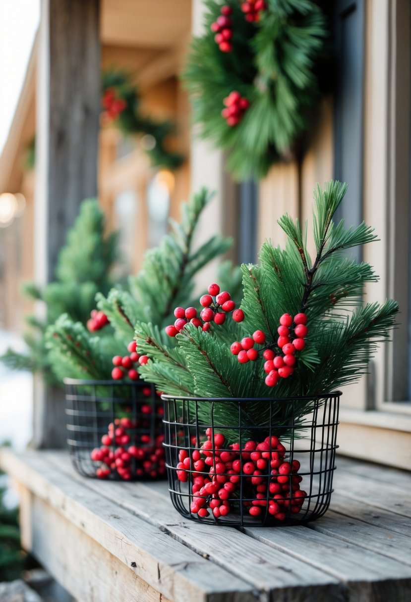 Black wire baskets holding pine branches and red berries on a wooden front porch.